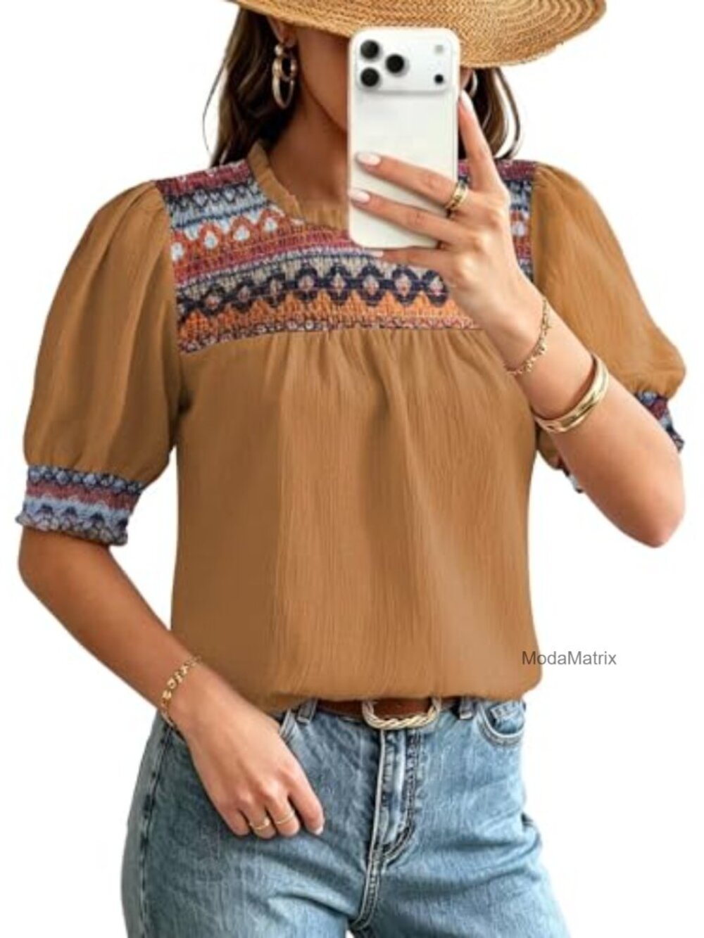 Womens Boho Chiffon Tunic Top Ruffle Crewneck Puff Sleeve Blouse